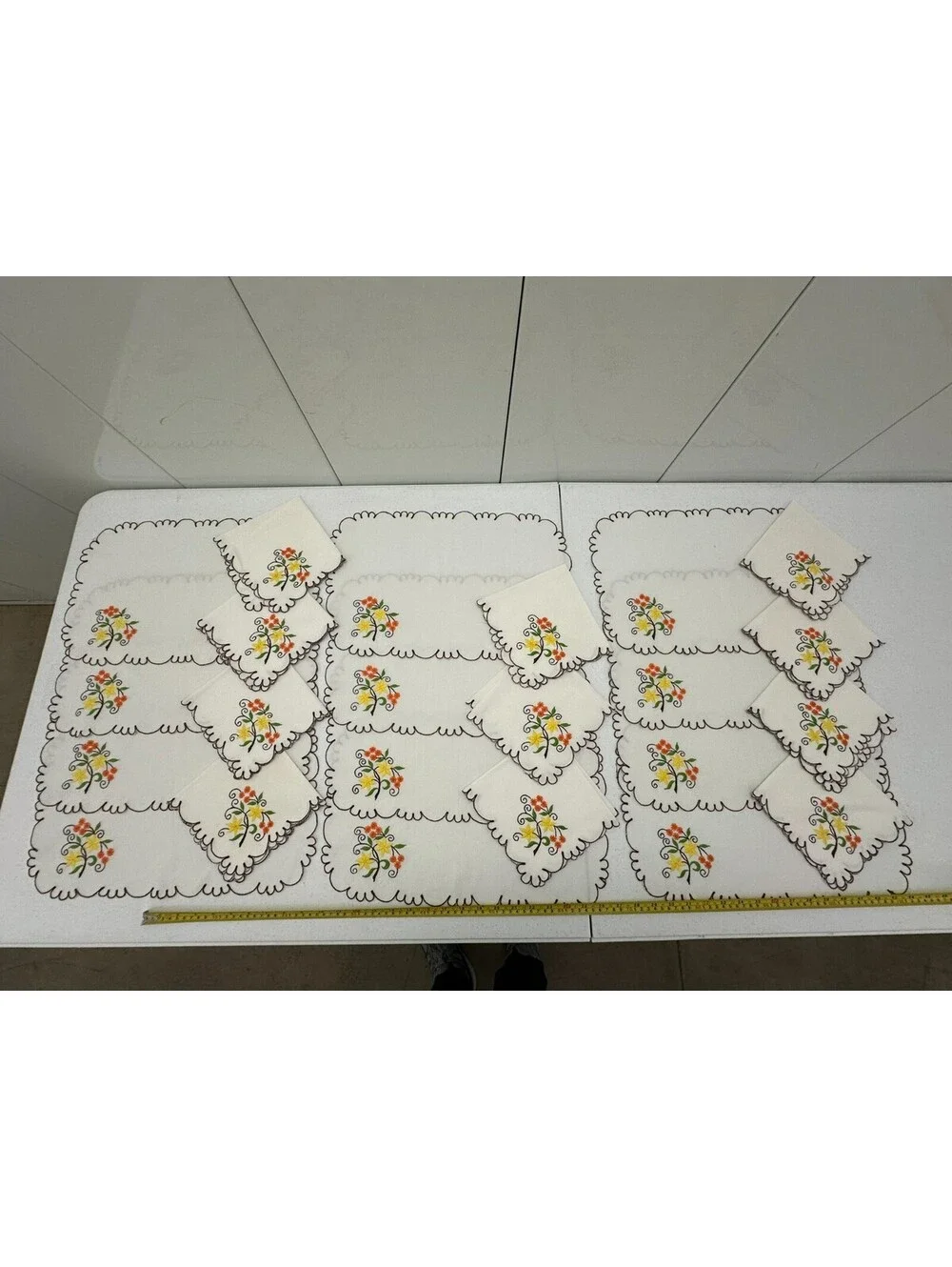 12 Vintage Floral Yellow Placemats 11 Napkins Linen? Cotton? 70's Vibe Scallop
